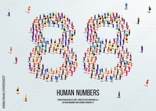 large group of people form to create number 88 or eighty eight. people font or number. vector illustration of number 88.