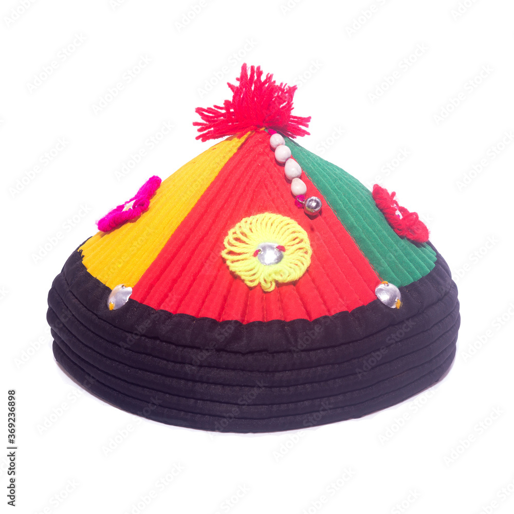 Hill tribe hat, handmade hat, Hmong hat on white background