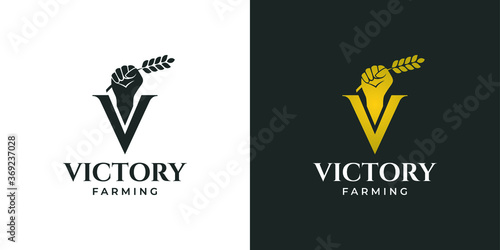 Victory Farming Logo. Letter V + hand that hold grains. 