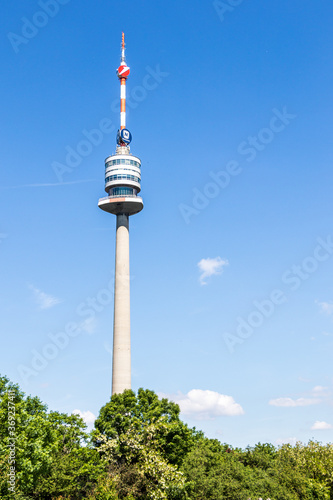 View on the Television and Communication Tower ger.: Donauturm in Danube Park in Donau City, Vienna, Austria, Europe