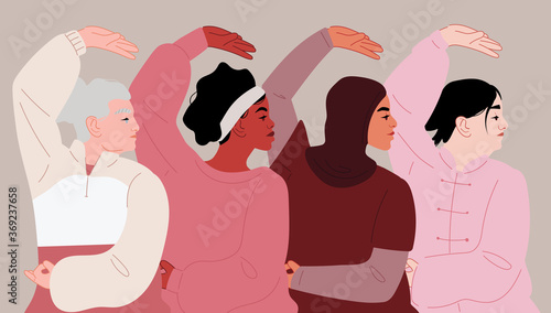 Group of diverse women in sports wear practice tai chi, qigong. Different ethnicity women: African, Chinese, European, Arab. World community. Healthy lifestyle. Cartoon flat vector illustration