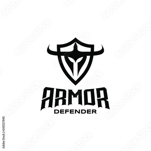 Armor Defender Logo. Warrior Mask + Shield Shape.