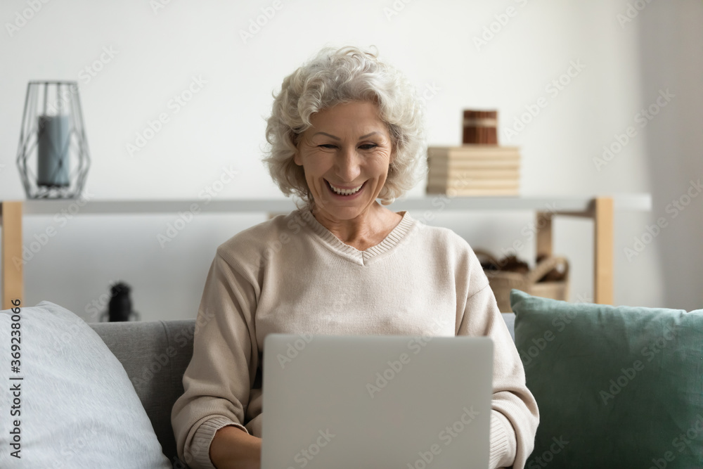 Happy elderly woman working texting message on laptop sit on couch, smiling senior female using portable pc browsing website surfing internet enjoy easy and convenient method of communication concept Happy elderly woman working texting message on laptop sit on couch, smiling senior female using portable pc browsing website surfing internet enjoy easy and convenient method of communication concept
