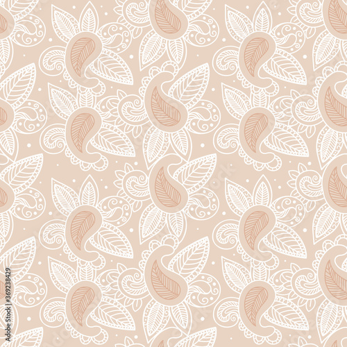 Vector seamless pattern in ethnic style. Decorative elements, curls, plants. Buta, leaves, and dots. Monochrome linear drawing. Boho art print. Design for fabric, wrapping paper, abstract background.