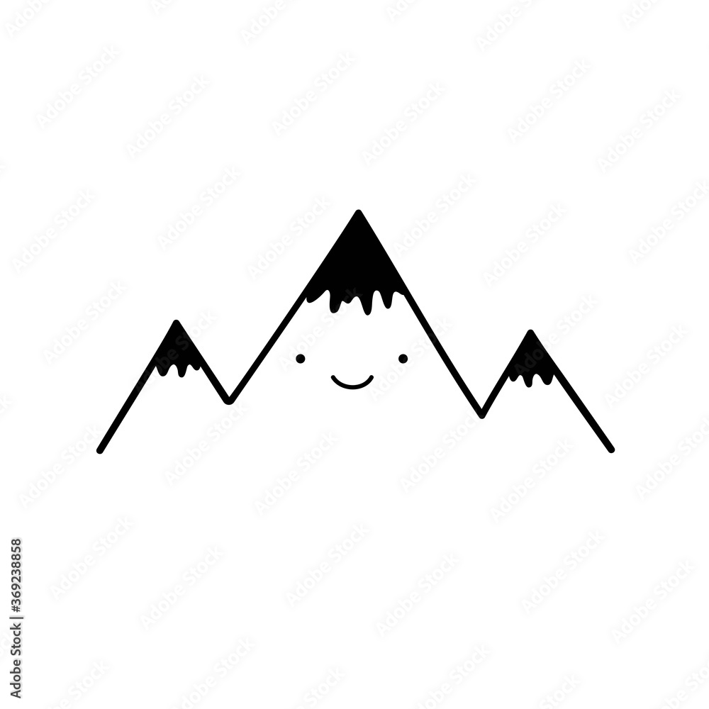 Vector illustration with minimal cartoon style doodle illustration of smiling face mountain. Cute black white print design Vector illustration with minimal cartoon style doodle illustration of smiling face mountain. Cute black white print design