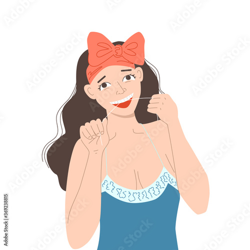 Daily care of dental health. The girl is flossing her teeth with dental floss. Morning and evening routines. Beautiful smile. Stock vector flat hand drawn illustration isolated on white.