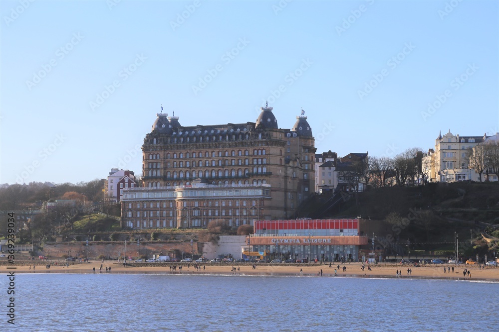 The famous Grand Hotel overlooking South Bay at Scarborough, Yorkshire, England.