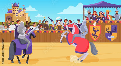 Medieval knight joust battle vector illustration. Cartoon flat horseman hero knight characters jousting with swords and shields on royal battlefield tournament, with king queen on tribune background