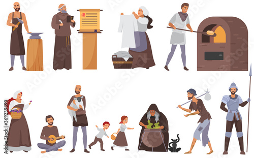 Medieval people vector illustration set. Cartoon flat historical middle ages characters collection with peasant family, blacksmith and priest, laundress, beggar in historic costumes isolated on white photo