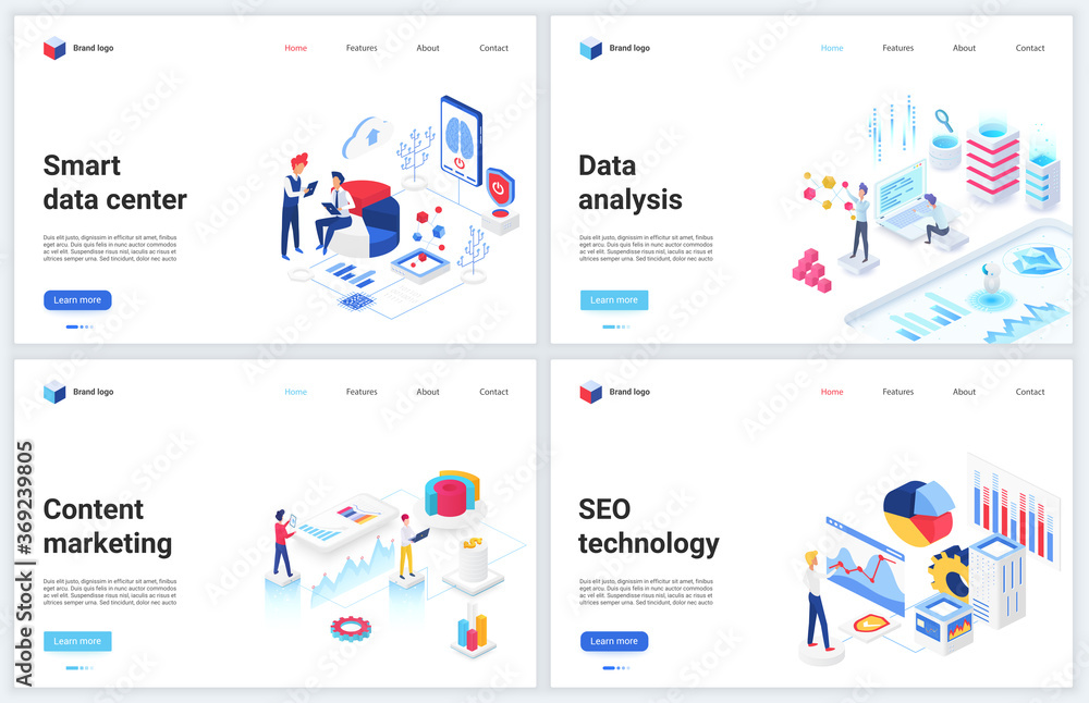 Isometric data marketing, seo technology vector illustrations. Cartoon 3d mobile creative website design, banner set for analyzing market database service, seo research of business content information