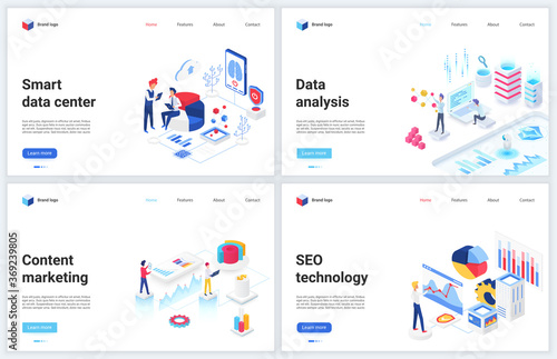 Isometric data marketing, seo technology vector illustrations. Cartoon 3d mobile creative website design, banner set for analyzing market database service, seo research of business content information