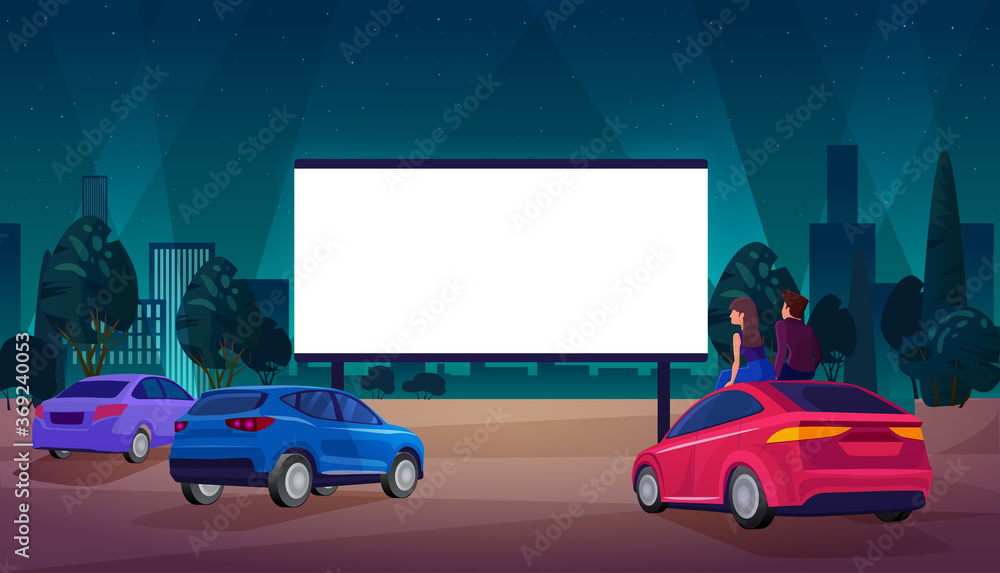 Open air car cinema theater vector illustration. Cartoon couple drivers  characters sitting, watching movie at big empty blank white screen outdoor  festival car film at night Stock Vector | Adobe Stock