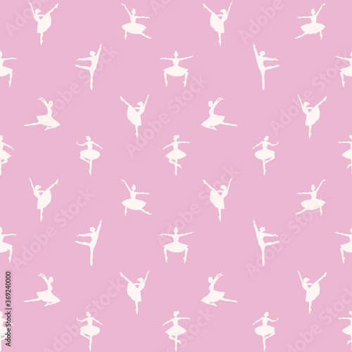 Vector seamless pattern with silhouettes of ballet dancers in white and pink colors 