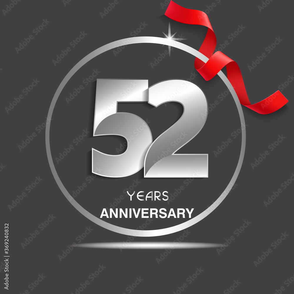 Obraz premium 52 years anniversary logotype design with red ribbon, Vector template for celebration company event, greeting card, and invitation card
