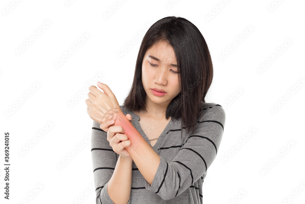 asian woman feel wrist bones injury in white background