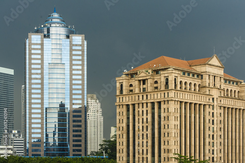 Photography group of modern skyscrapers before the storm in Kuala Lumpur