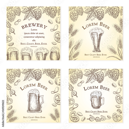 Beer labels vector vintage set. pub banners, flyers in retro engraved style. various frames with hops vine, wheat or barley ears, beer glasses. grunge beer backgrounds collection for product design