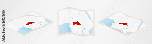 Folded map of Central African Republic in three different versions.