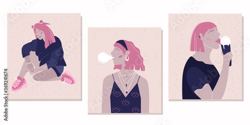 A set of posters with the image of arrogant women. Fashionable women in retro style with bright accents. Vector illustration