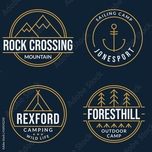 Camp logo set. Camping badges with forest, mountain and tourist tent. Outdoor and sailing emblems. Vector illustration.