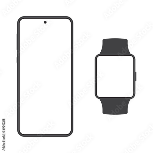 Smartphone and Smart watch mockup. Mobile phone and Smartwatch screen blank. Black cellphone isolated on white background. Vector illustration.