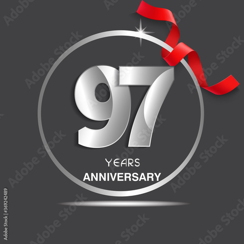 97 years anniversary logotype design with red ribbon, Vector template for celebration company event, greeting card, and invitation card