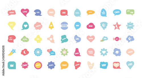 icon set of slang bubbles, line fill style
