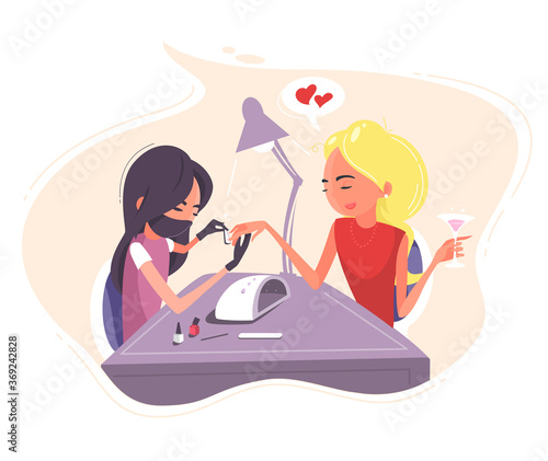 Contended woman. Nail master making natural manicure for businesswoman