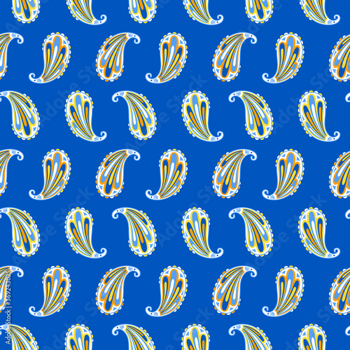 Paisley ethnic seamless pattern on blue background. Indian cucumber 