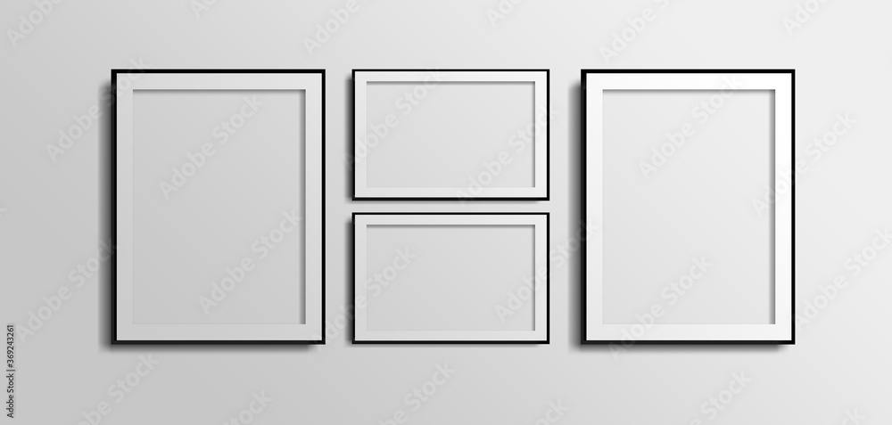 Four fotos frames 3D gallery photos frame on gradient white wall, two