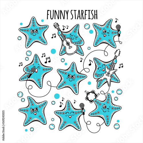 Funny cartoon sea stars sing and dance. Set of vector cartoon starfish.