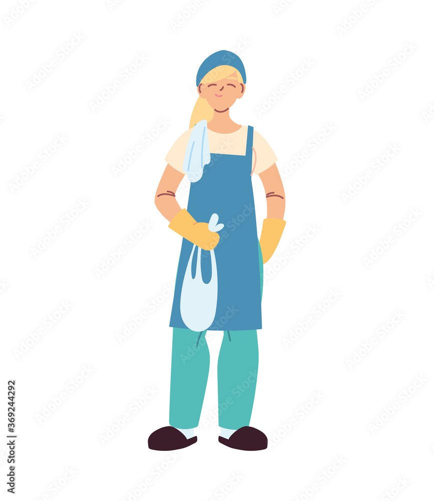 cleaning service woman with gloves and cleaning utensils