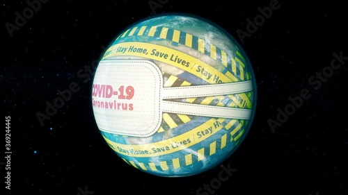 World medical concept. Planet Earth with face mask protect and Yellow Warning Tape