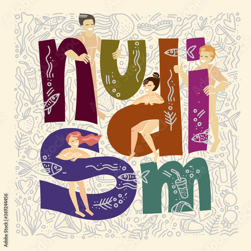 Rest naked. Nudist beach. Nude people relax on a nudist beach. Handwritten inscription Nudism. Doodle style. Flat vector illustration.
