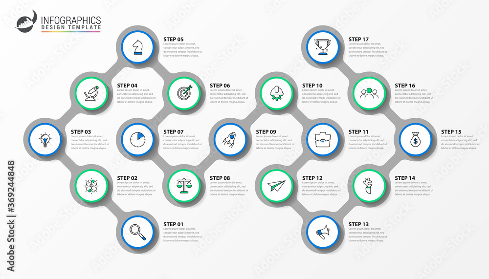 Infographic design template. Timeline concept with 17 steps Infographic design template. Timeline concept with 17 steps
