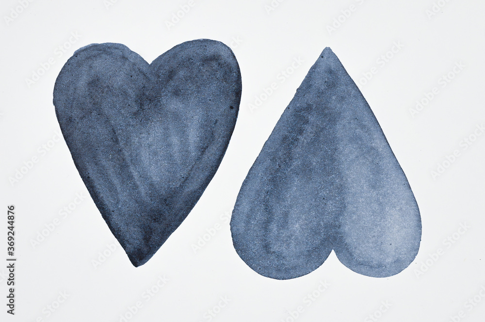 Watercolour dark gray painted textured hearts