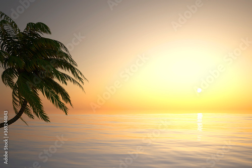 abstract landscape with palm tree island in the sea in front of sky and sun - 3D Illustration
