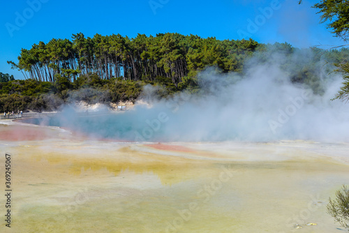  Waiotapu, also spelt Wai-O-Tapu is an active geothermal area at the southern end of the Okataina Volcanic Centre. It is 27 kilometres south of Rotorua. It's in the north of the New Zealand. 