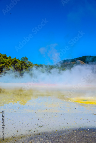  Waiotapu, also spelt Wai-O-Tapu is an active geothermal area at the southern end of the Okataina Volcanic Centre. It is 27 kilometres south of Rotorua. It's in the north of the New Zealand. 