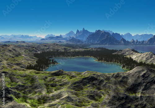 3D Rendered Fantasy Mountain Landscape - 3D Illustration © diversepixel