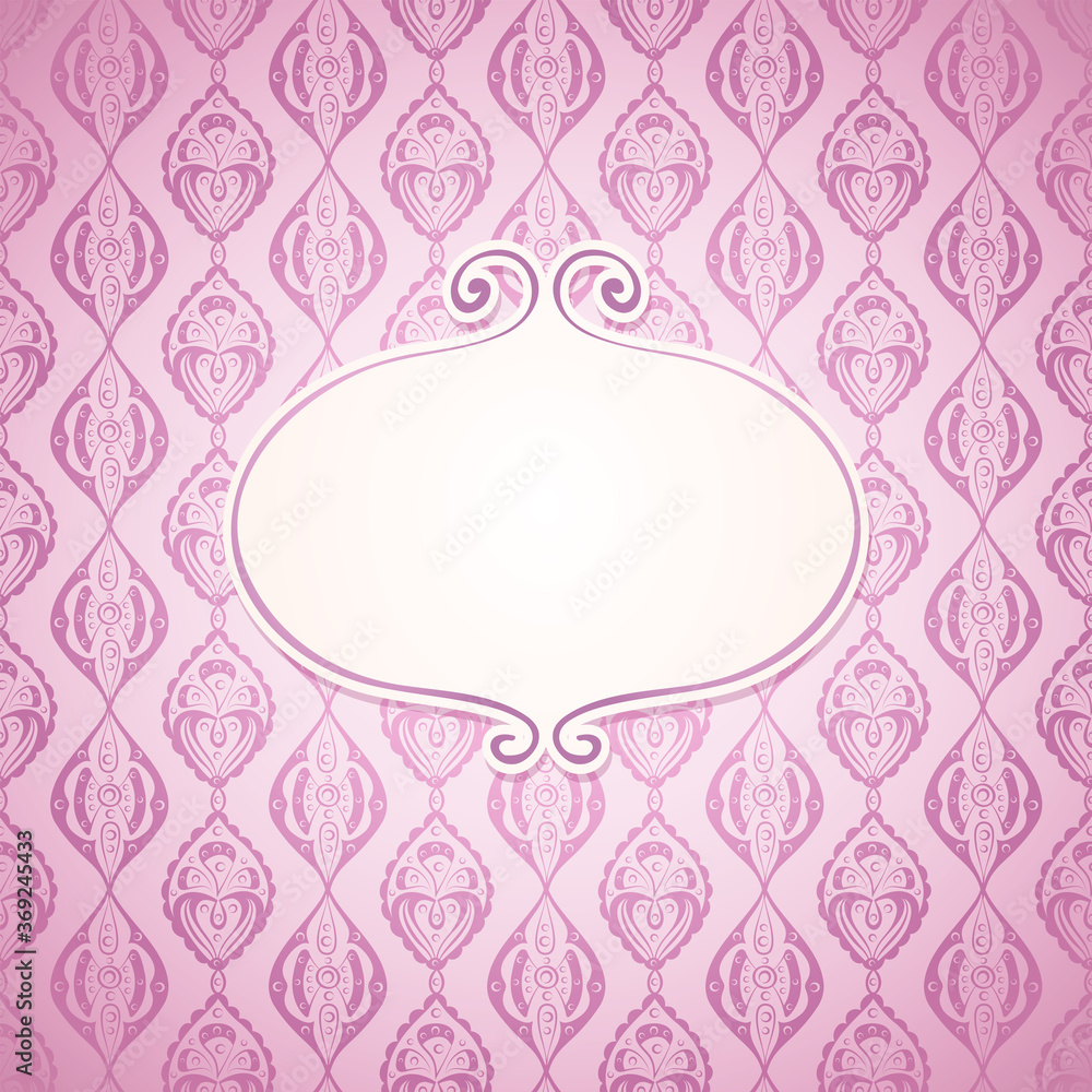 Elegant ornamental background with empty frame for text. Glamorous luxury card or invitation in pink and white colors Elegant ornamental background with empty frame for text. Glamorous luxury card or invitation in pink and white colors