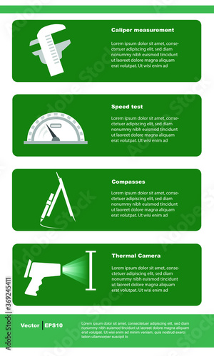 Main screens for mobile applications related to caliper measurement, speed test, compass, thermal camera