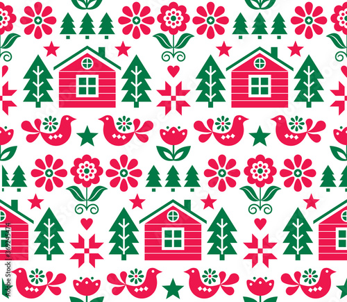 Christmas Scandinavian folk art vector seamless pattern in red and green with Christmas trees, birds, flowers and Finnish house