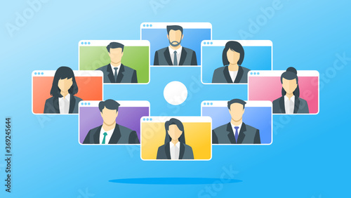 Company Business Online Meetings. Young Man and Woman Wear Suit Video Conference Teleconference Display Screen via Virtual App or Web. Suitable for Remote Work & Webinar Illustration.