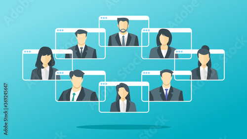 Company Business Online Meetings. Young Man and Woman Wear Suit Video Conference Teleconference Display Screen via Virtual App or Web. Suitable for Remote Work & Webinar Illustration.