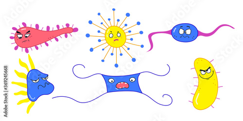 Set of cartoon funny microbes vector illustrations, icons.