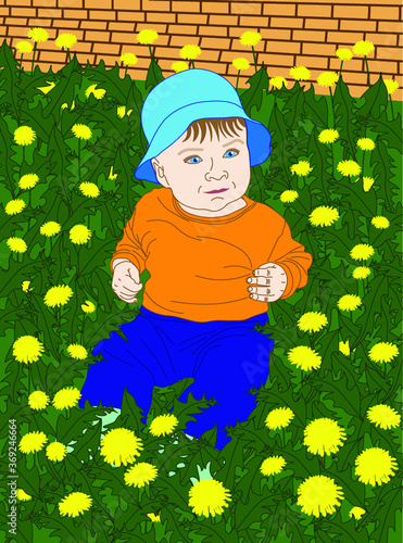 A little boy sits on a glade with dandelions