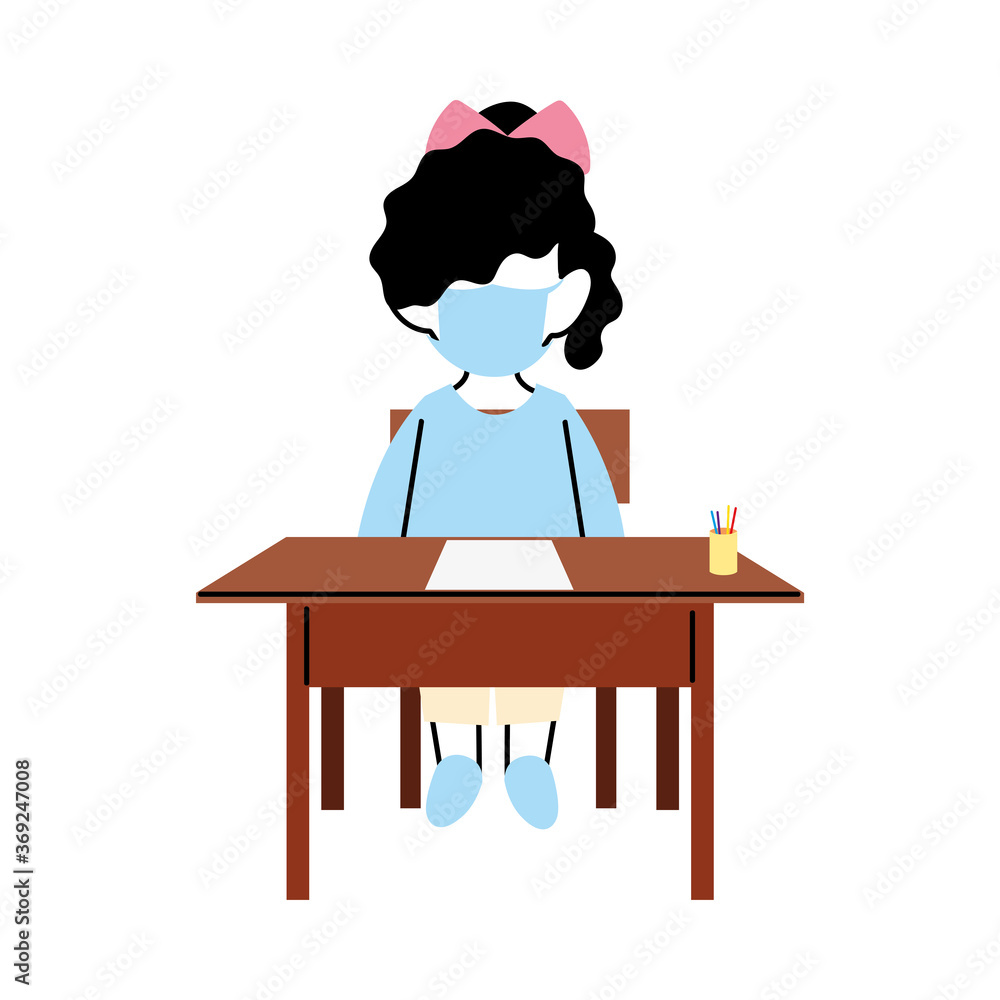girl with face mask at school desk girl with face mask at school desk