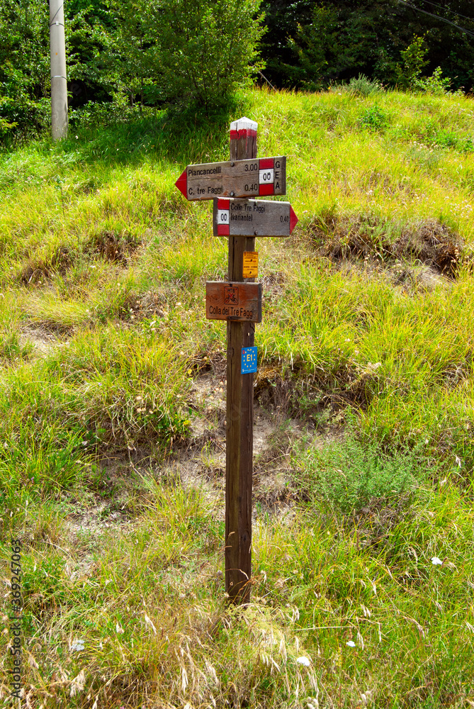 Signpost on the Muraglione Pass, a pass in the Tuscan-Emilian Apennines in the province of Florence, Tuscany, Italy, on the path of the Gothic Line and the path of the Sacred Forests. Signpost on the Muraglione Pass, a pass in the Tuscan-Emilian Apennines in the province of Florence, Tuscany, Italy, on the path of the Gothic Line and the path of the Sacred Forests.