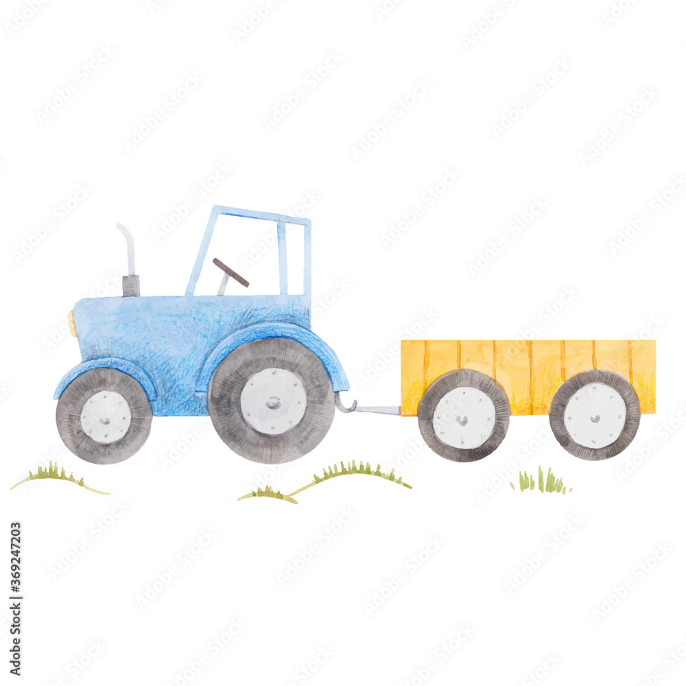 Beautiful stock illustration with cute watercolor blue farm tractor. - obrazy, fototapety, plakaty 